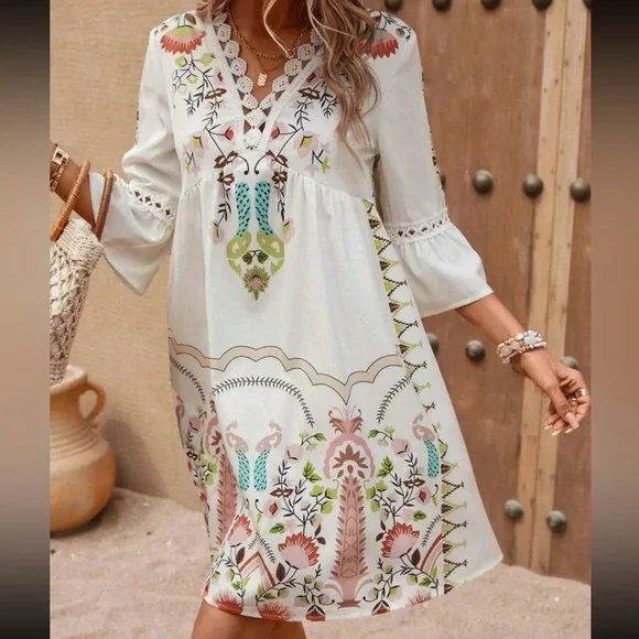 Boho Floral Peacock Print Guipure Crochet Lace Flounce Sleeve Dress - Picture 5 of 6